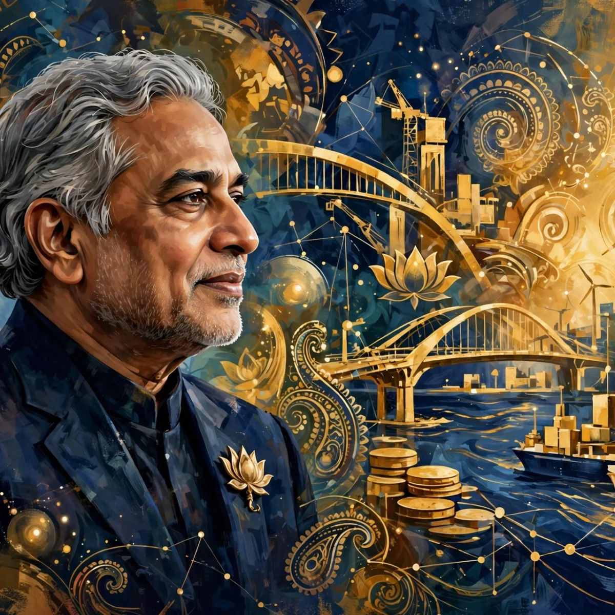 Stylized digital painting of an Indian business magnate with golden infrastructure motifs representing Gautam Adani net worth 2026