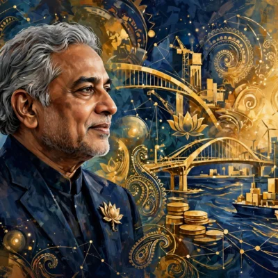 Stylized digital painting of an Indian business magnate with golden infrastructure motifs representing Gautam Adani net worth 2026