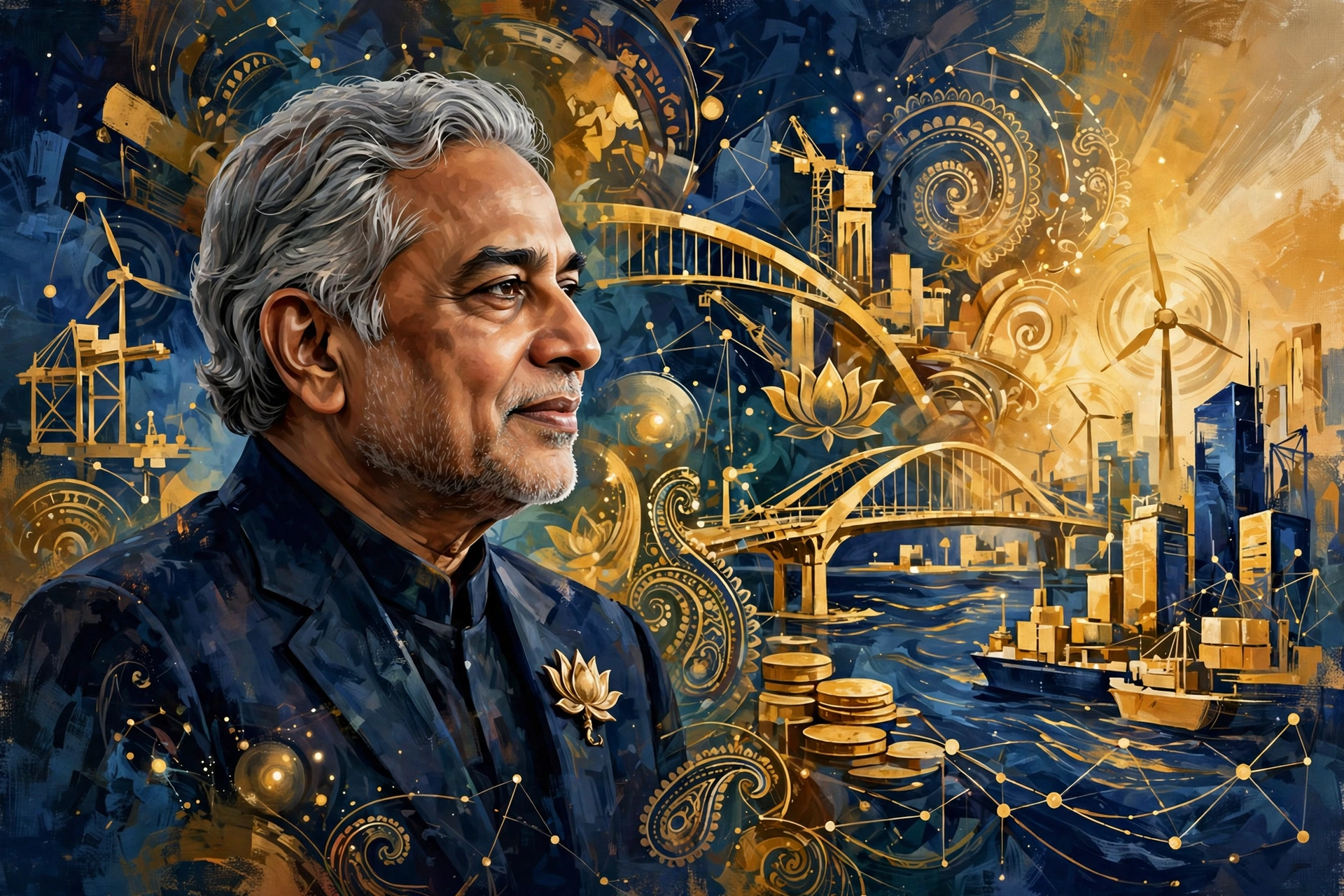 Stylized digital painting of an Indian business magnate portrait with warm golden tones representing Gautam Adani net worth 2026