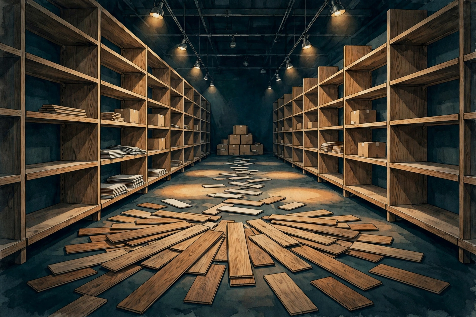 Editorial illustration of a half-empty hardware superstore aisle with warm lighting, representing store closures after bankruptcy