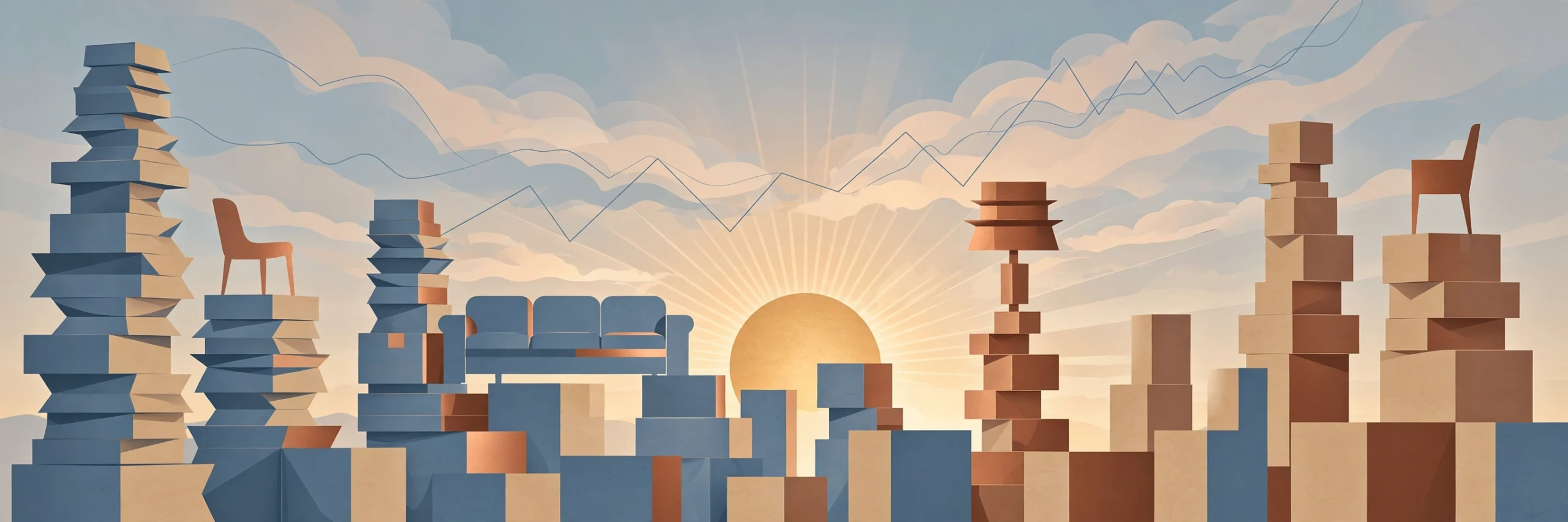 Editorial illustration of stacked boxes and furniture silhouettes under a rising golden light, representing retail restructuring and recovery