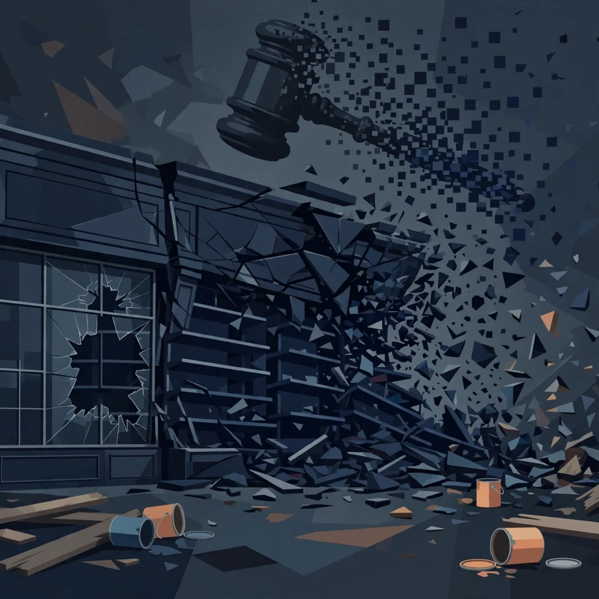 Editorial illustration of a home improvement storefront with tipping shelves and a gavel, representing the Home Depot competitor bankruptcy story