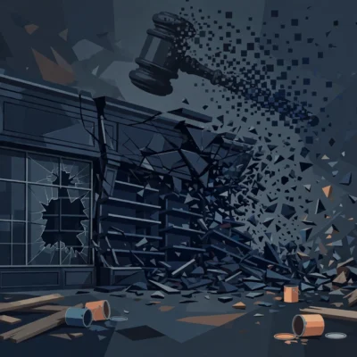 Editorial illustration of a home improvement storefront with tipping shelves and a gavel, representing the Home Depot competitor bankruptcy story