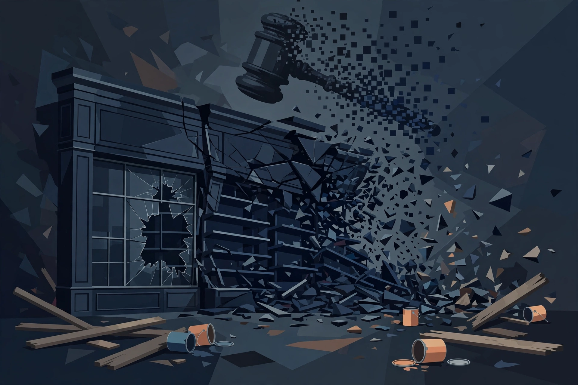 Editorial illustration of a home improvement storefront with tipping shelves and a gavel, representing the Home Depot competitor bankruptcy story