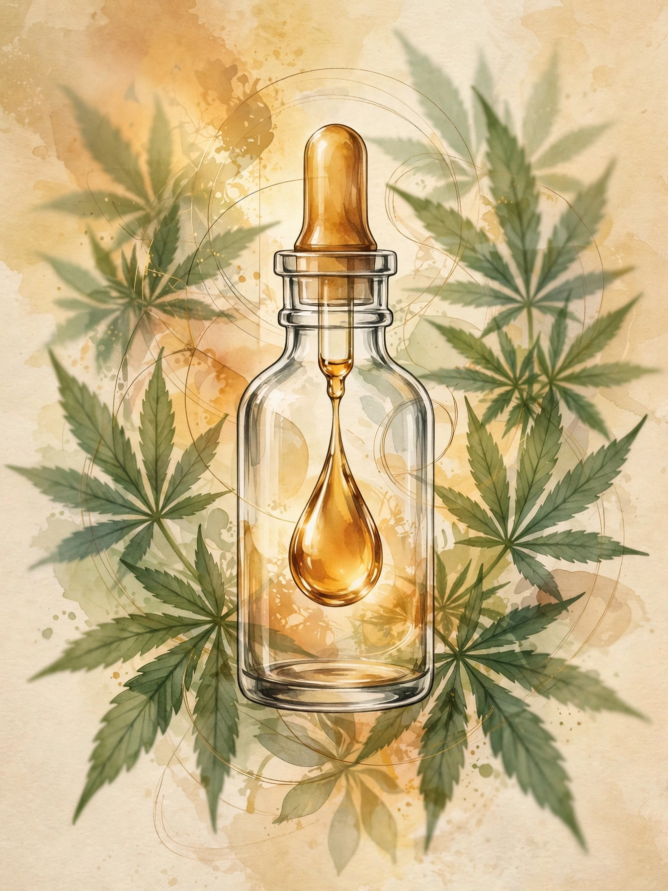 Glass dropper bottle releasing amber CBD oil drop for sublingual absorption and faster onset