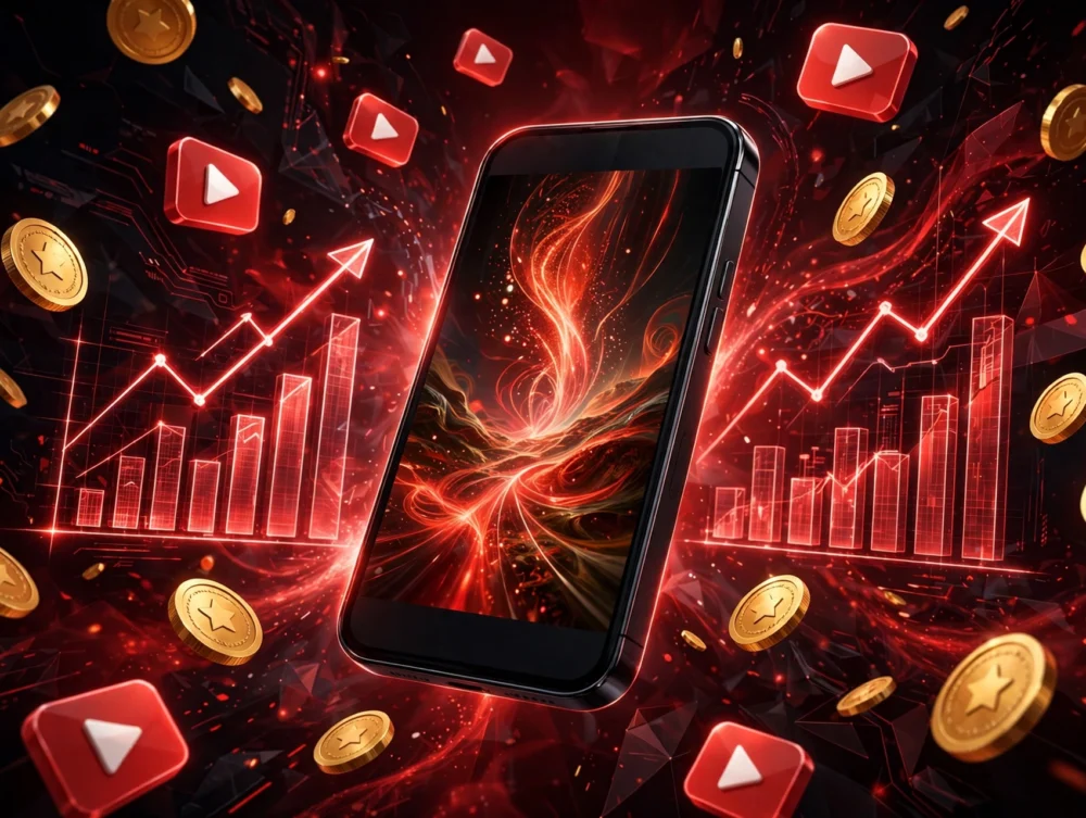 YouTube Shorts earnings concept with smartphone, play button shapes, and revenue charts