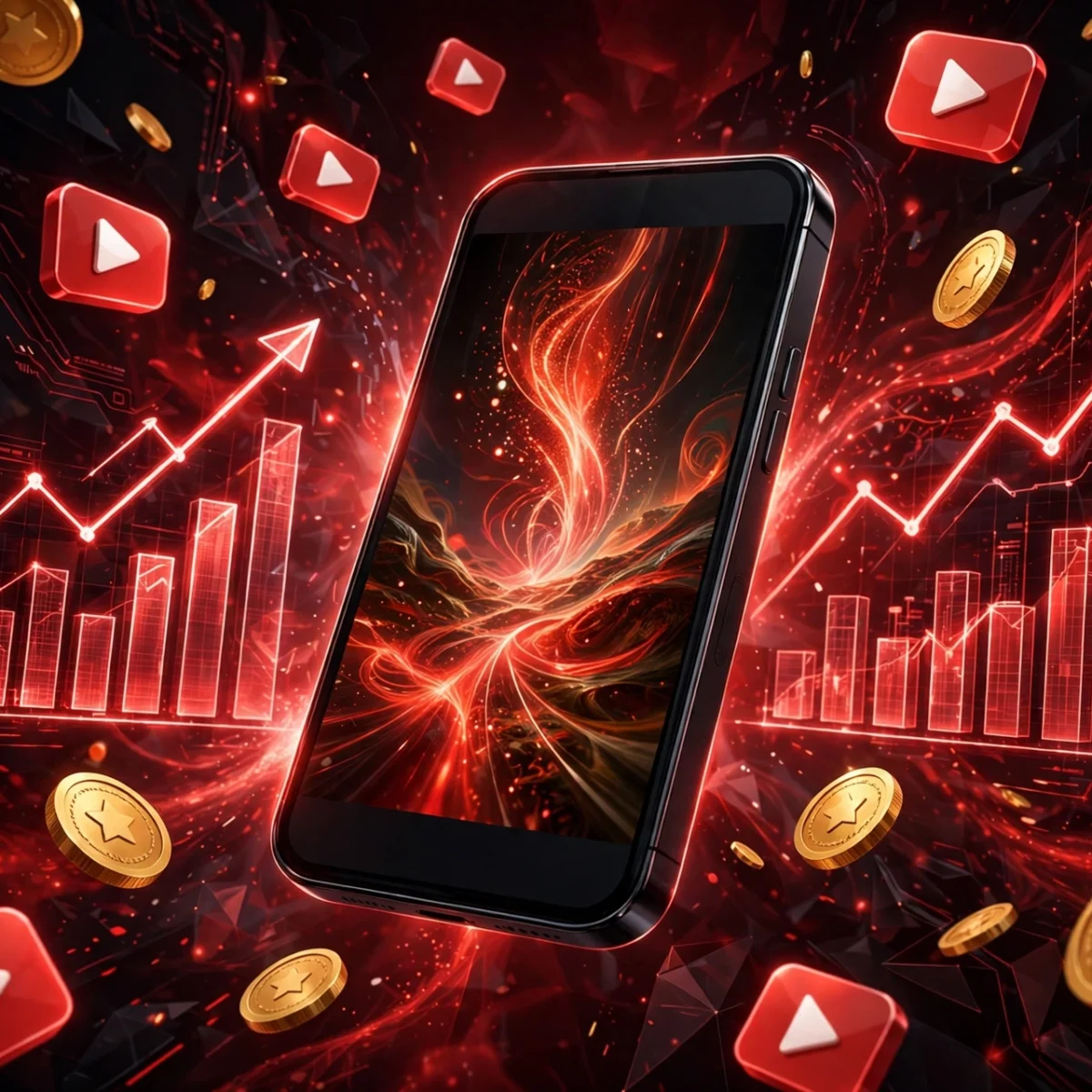YouTube Shorts earnings concept with smartphone, play button shapes, and revenue charts