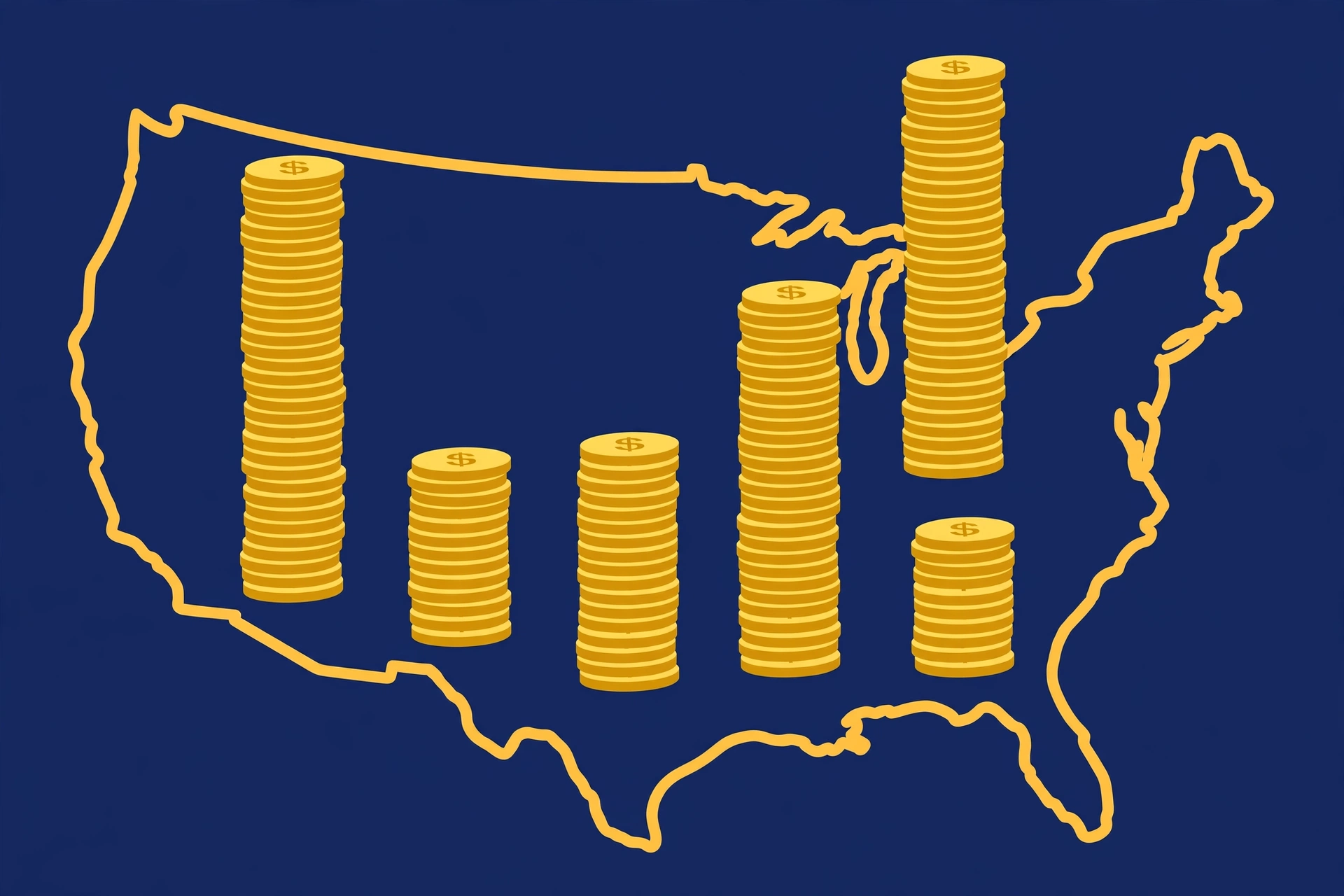 Bar chart of dollar coins comparing state LLC filing fees across the US