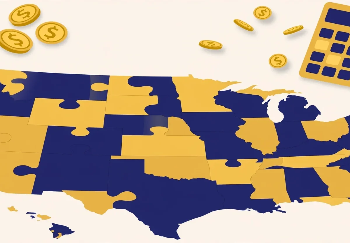 US map with coins and calculator showing LLC formation costs by state in 2026