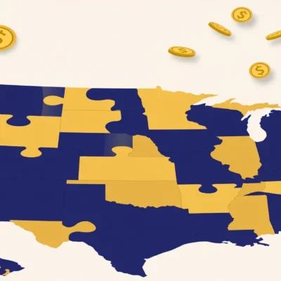 US map with coins and calculator showing LLC formation costs by state in 2026