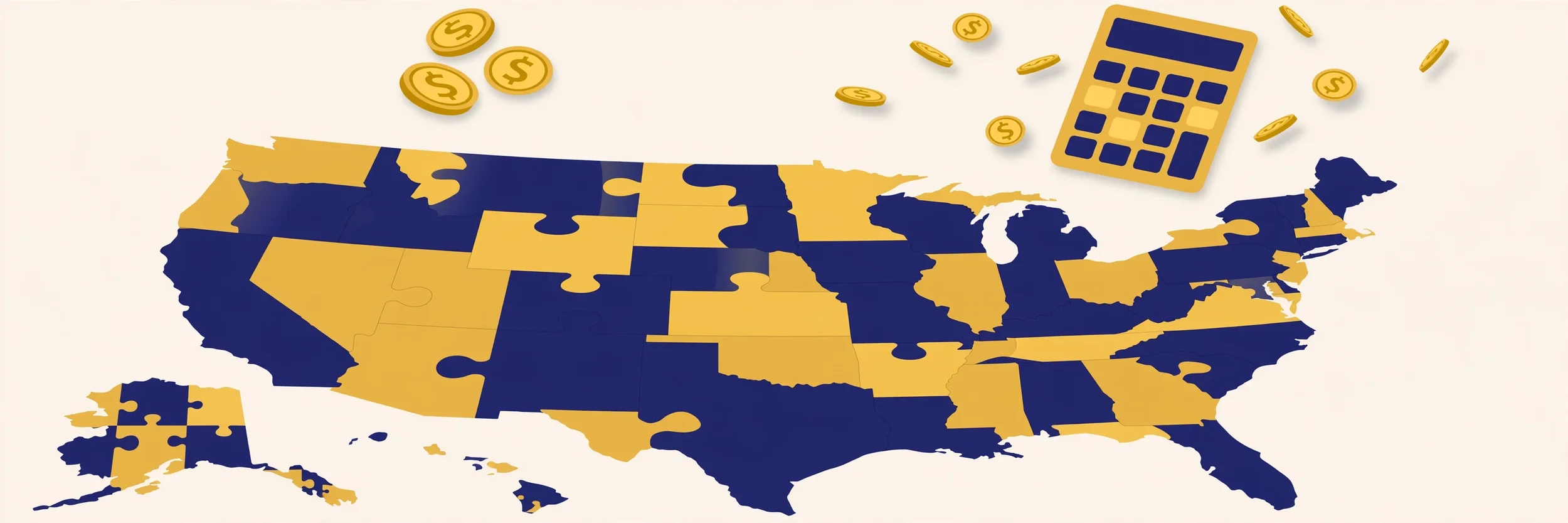 US map with coins and calculator showing LLC formation costs by state in 2026