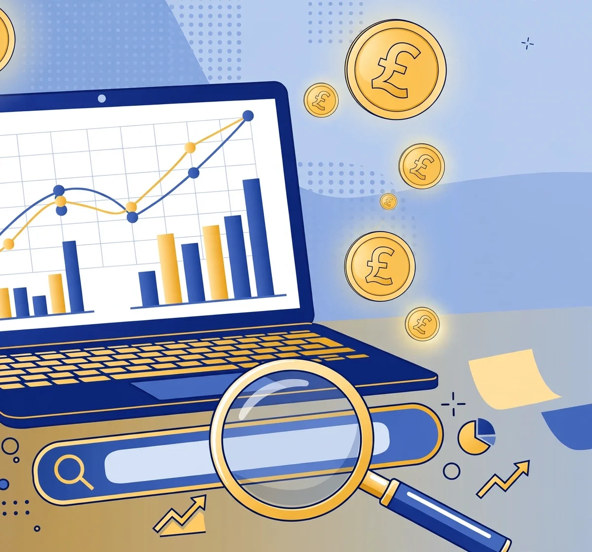 UK SEO cost concept with pound symbols, pricing charts, and a laptop on a desk
