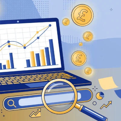 UK SEO cost concept with pound symbols, pricing charts, and a laptop on a desk