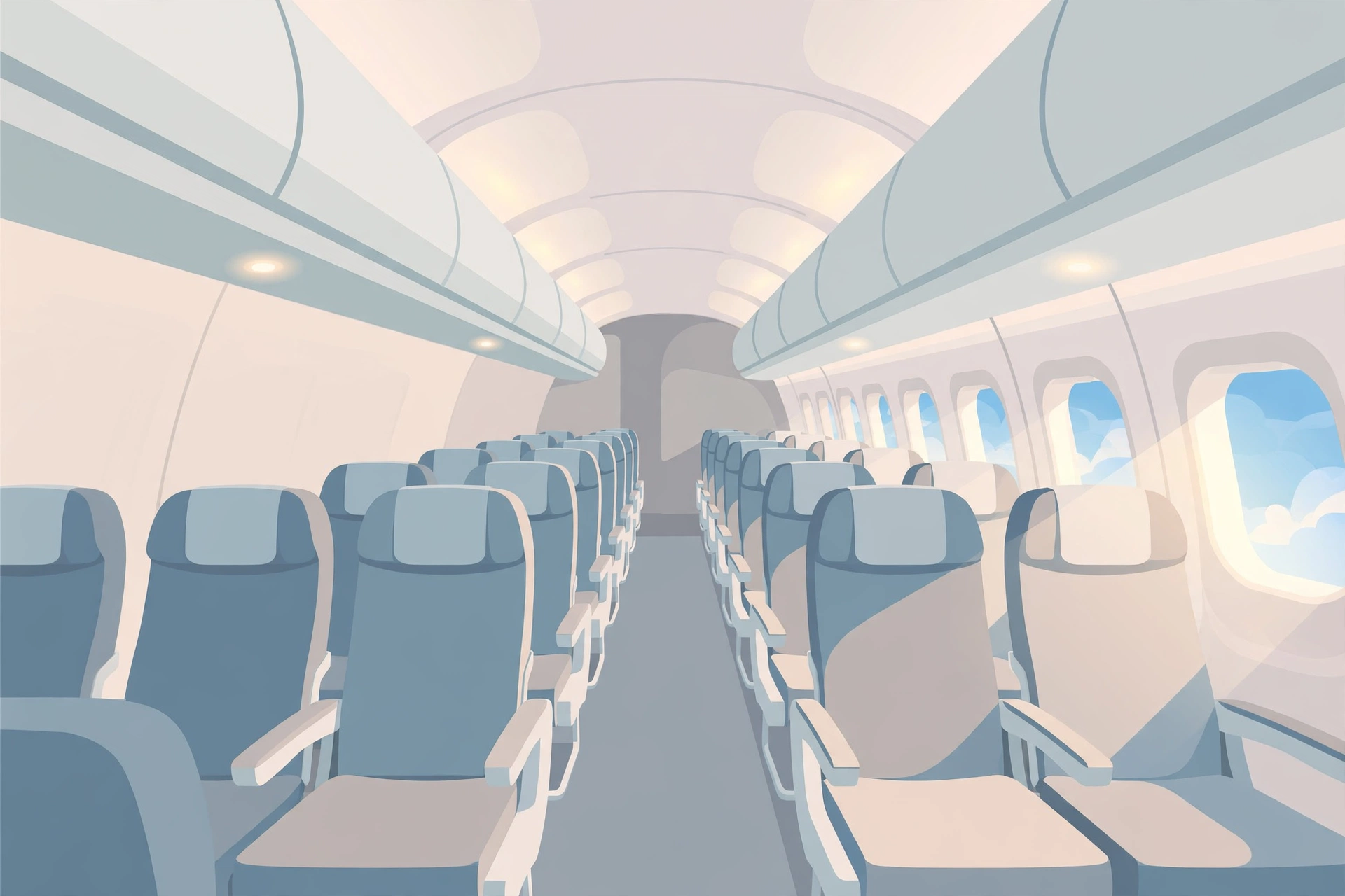 Airplane cabin interior at cruising altitude with passengers resting