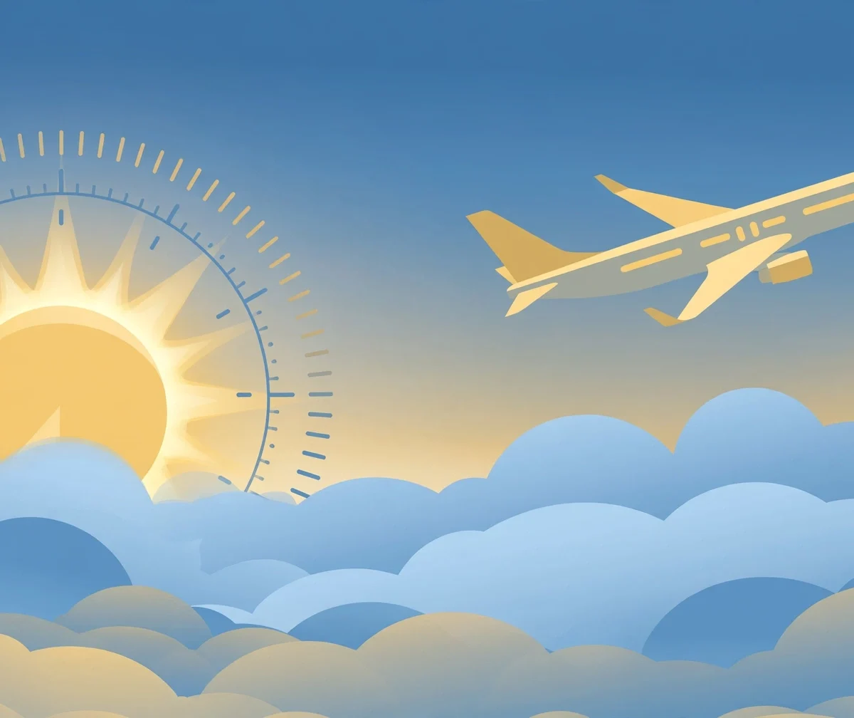 Airplane flying above clouds at sunrise with world map concept, beating jet lag