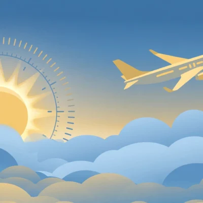 Airplane flying above clouds at sunrise with world map concept, beating jet lag