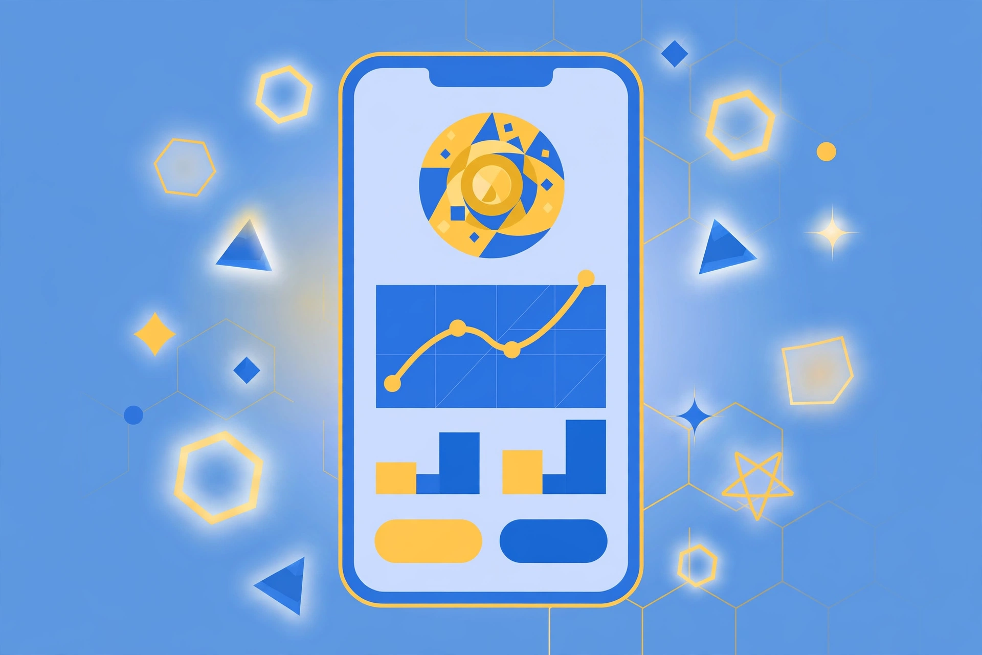 Smartphone with an abstract crypto buying interface and charts, beginner Bitcoin purchase concept