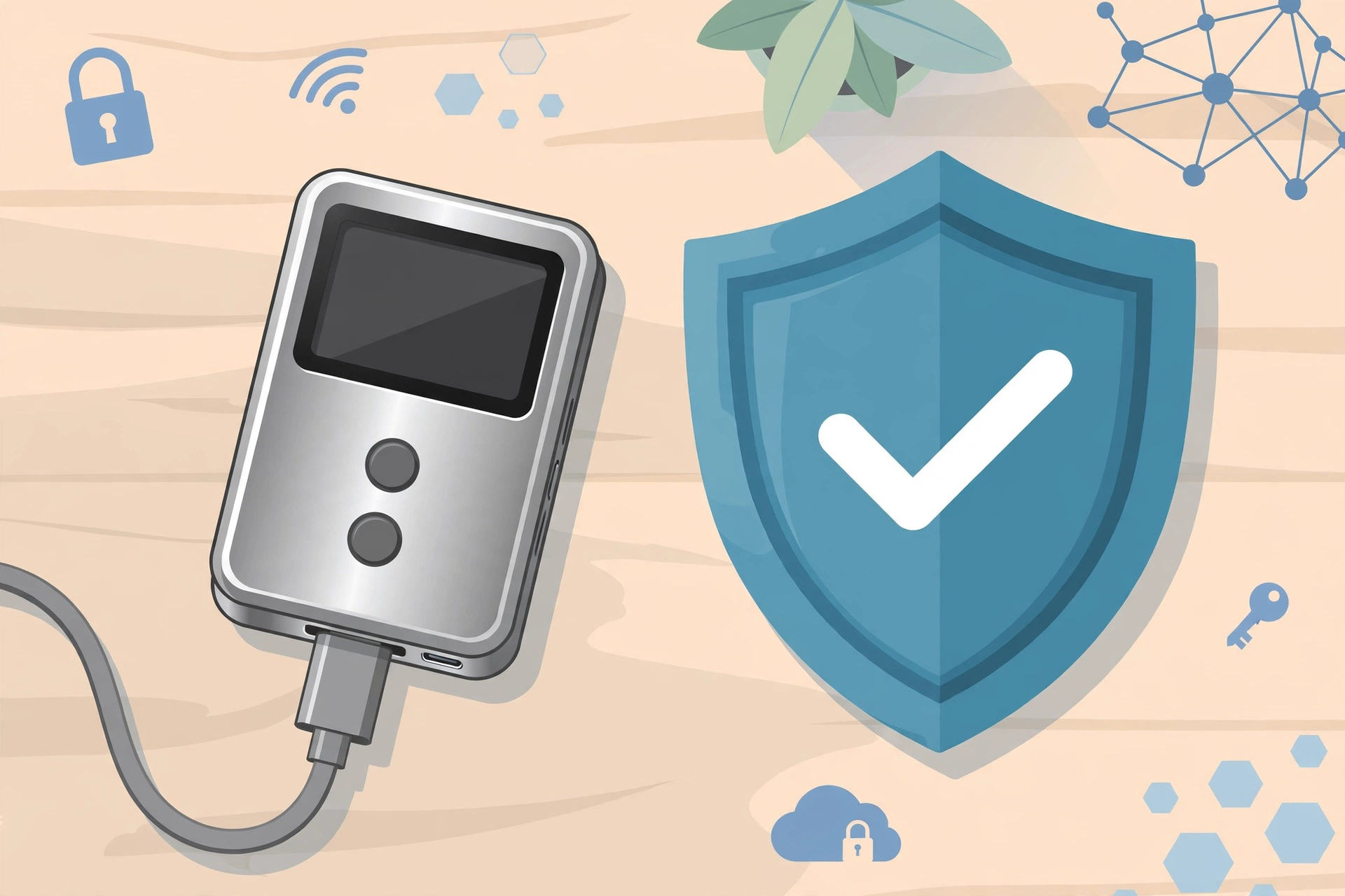 Hardware wallet and security shield illustration showing safe Bitcoin storage for beginners