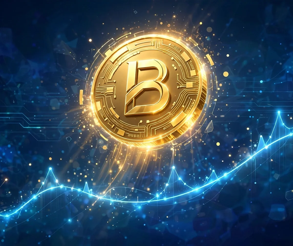 Illustration of a glowing Bitcoin coin rising over an upward price chart on a dark blue background