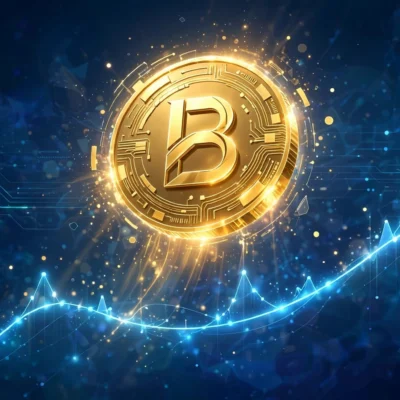 Illustration of a glowing Bitcoin coin rising over an upward price chart on a dark blue background