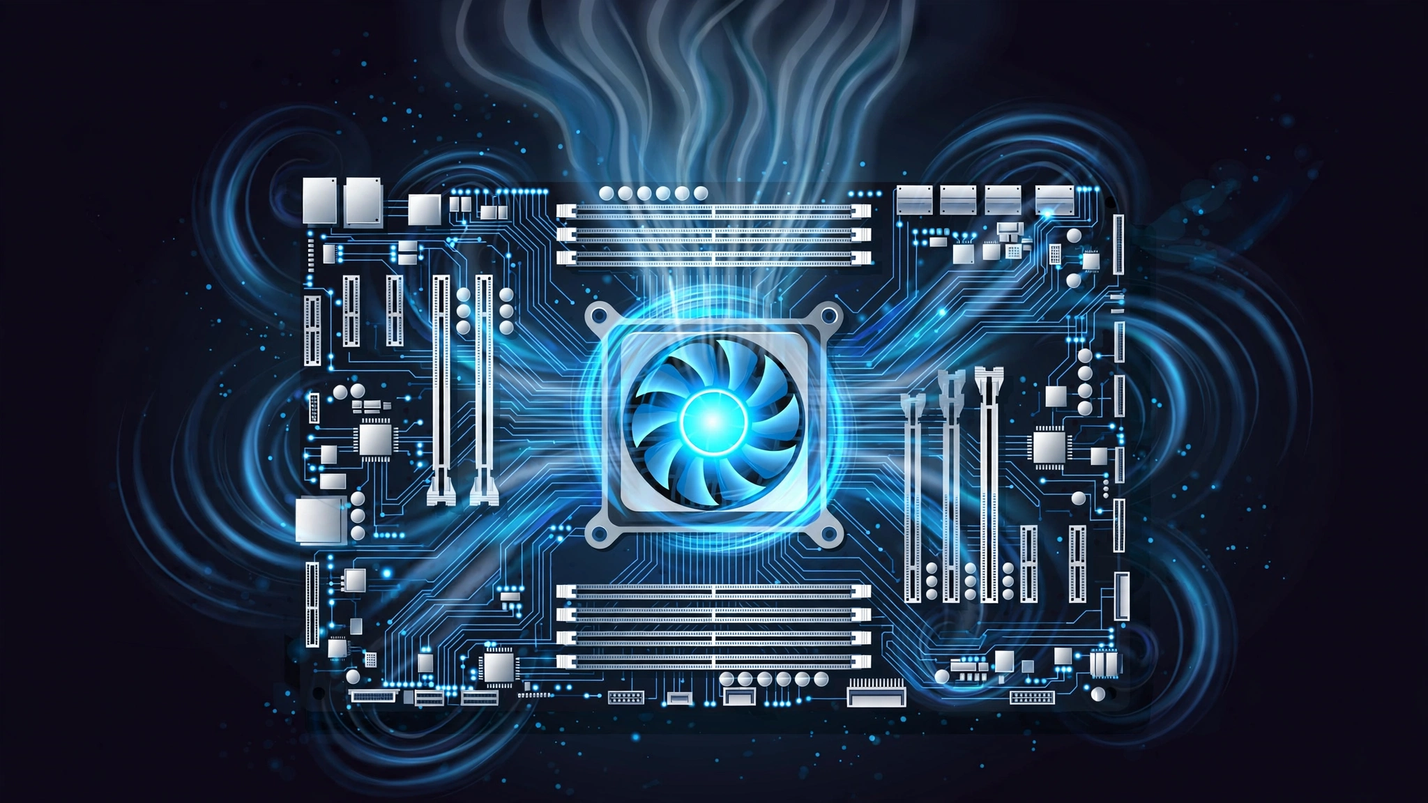 Stylized motherboard with cooling fan and airflow swirls showing CPU temperature monitoring on Windows 11