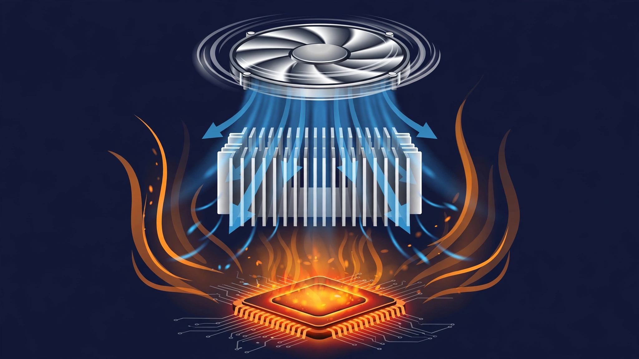 Heat sink with metal fins and cooling fan above a glowing processor illustrating CPU cooling solutions