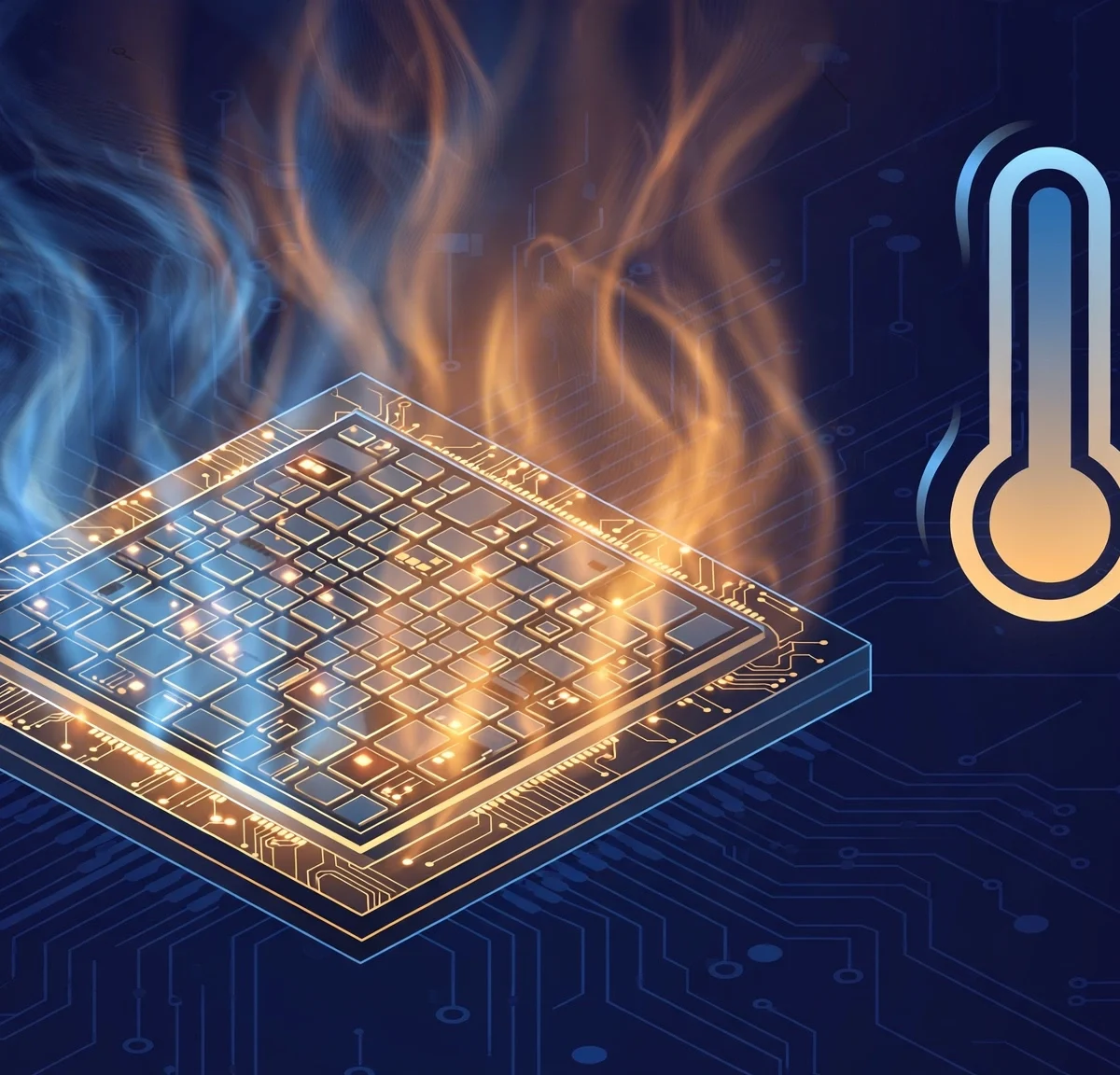 Illustration of a glowing CPU processor chip with thermal heat waves and a thermometer icon on a dark blue background