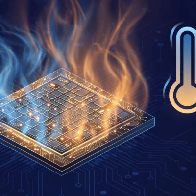 Illustration of a glowing CPU processor chip with thermal heat waves and a thermometer icon on a dark blue background