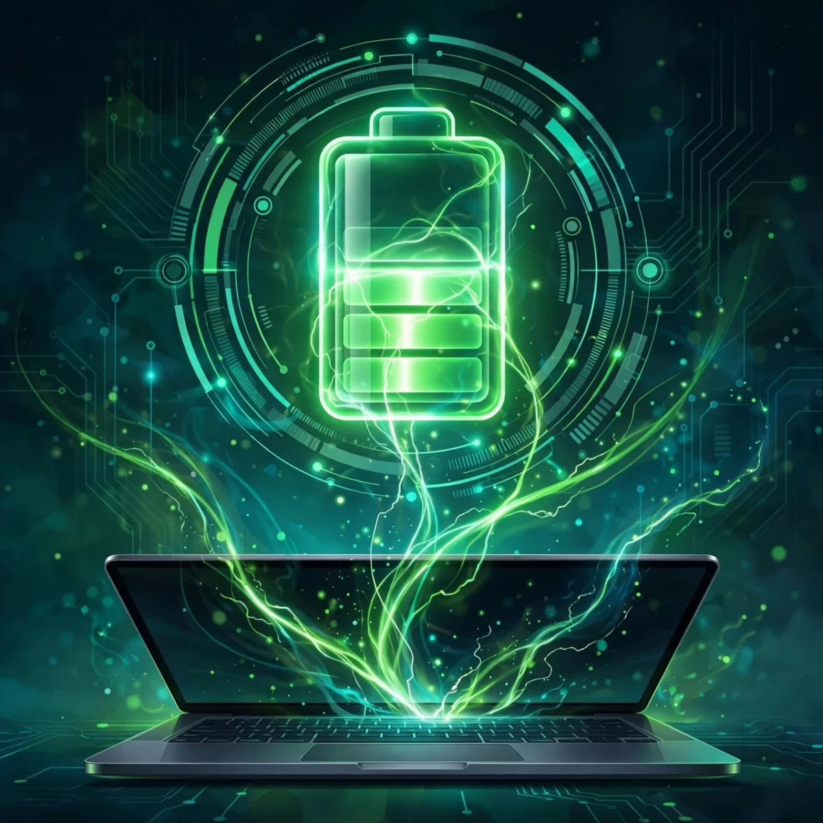 Laptop with glowing battery health symbol representing how to check battery health in Windows 11