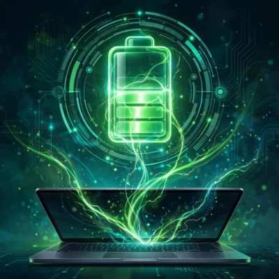 Laptop with glowing battery health symbol representing how to check battery health in Windows 11