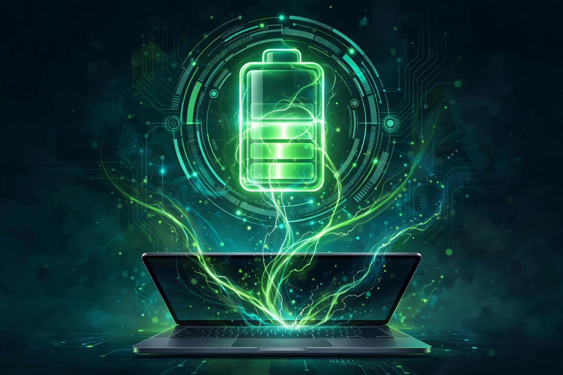 Laptop with glowing battery health symbol representing how to check battery health in Windows 11