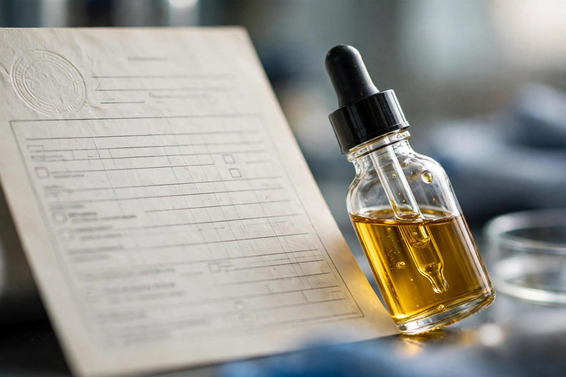 Laboratory certificate of analysis document beside a CBD oil dropper bottle