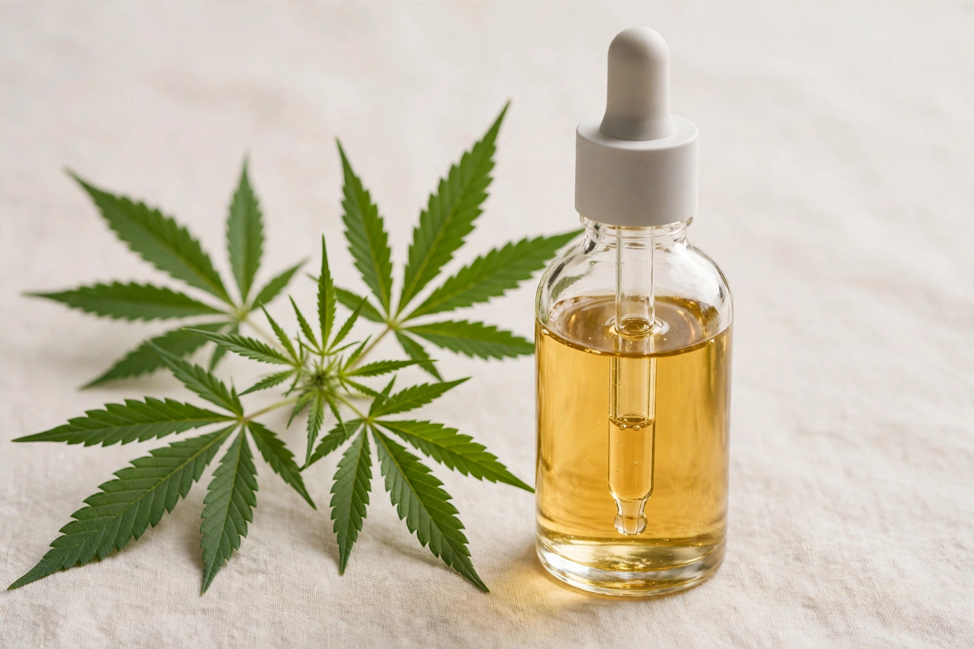 Glass CBD oil dropper bottle with hemp leaves, guide to choosing quality CBD oil