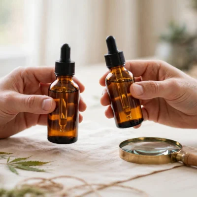 Hands comparing two CBD oil bottles with a magnifying glass, smart shopping concept