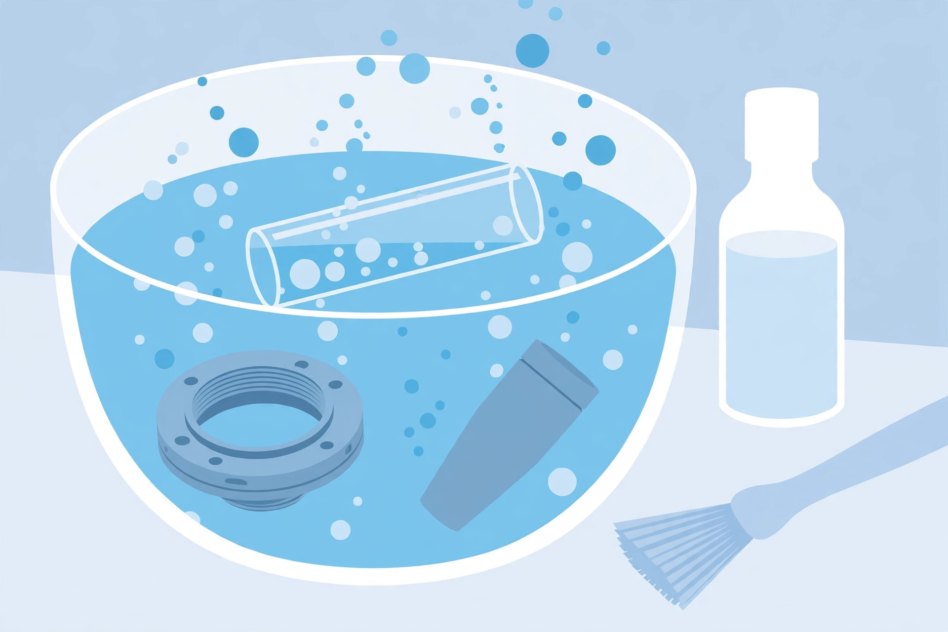 Vape tank parts soaking in a bowl of warm water with vinegar nearby for a deep clean