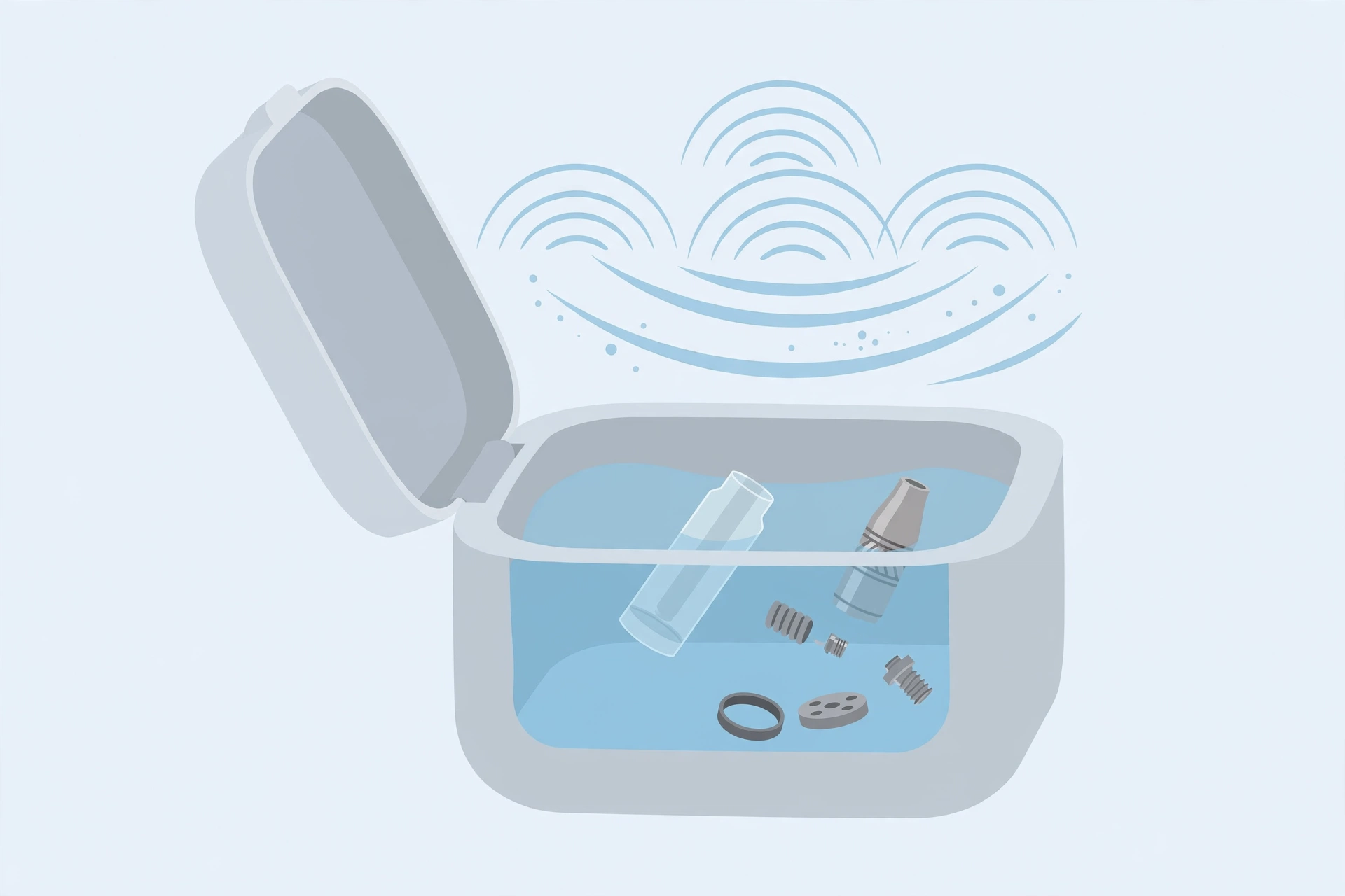 Ultrasonic cleaner with a vape tank submerged in water for hands-free deep cleaning