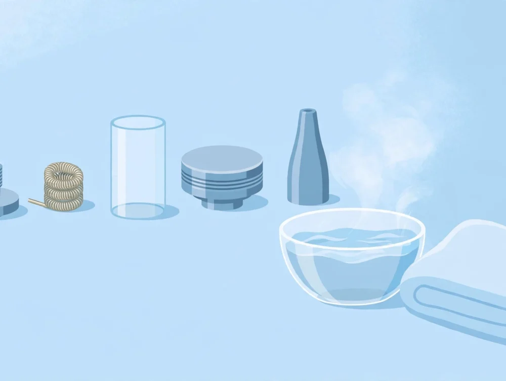Disassembled vape tank parts beside a bowl of warm water, illustrating how to clean a vape tank step by step
