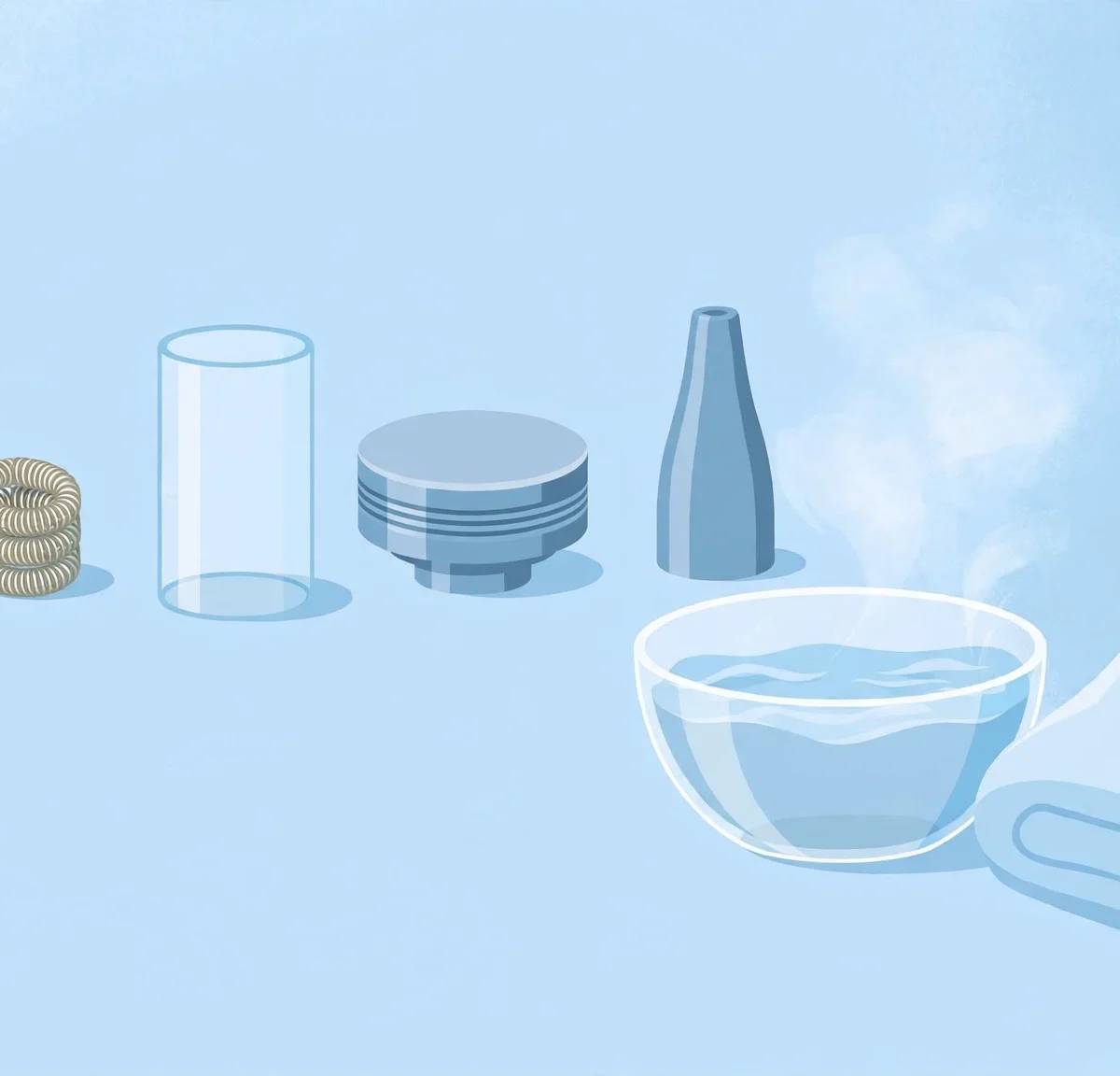 Disassembled vape tank parts beside a bowl of warm water, illustrating how to clean a vape tank step by step