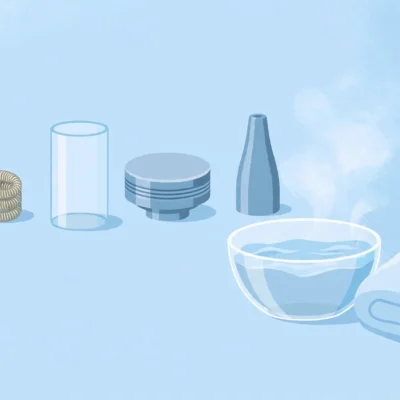 Disassembled vape tank parts beside a bowl of warm water, illustrating how to clean a vape tank step by step