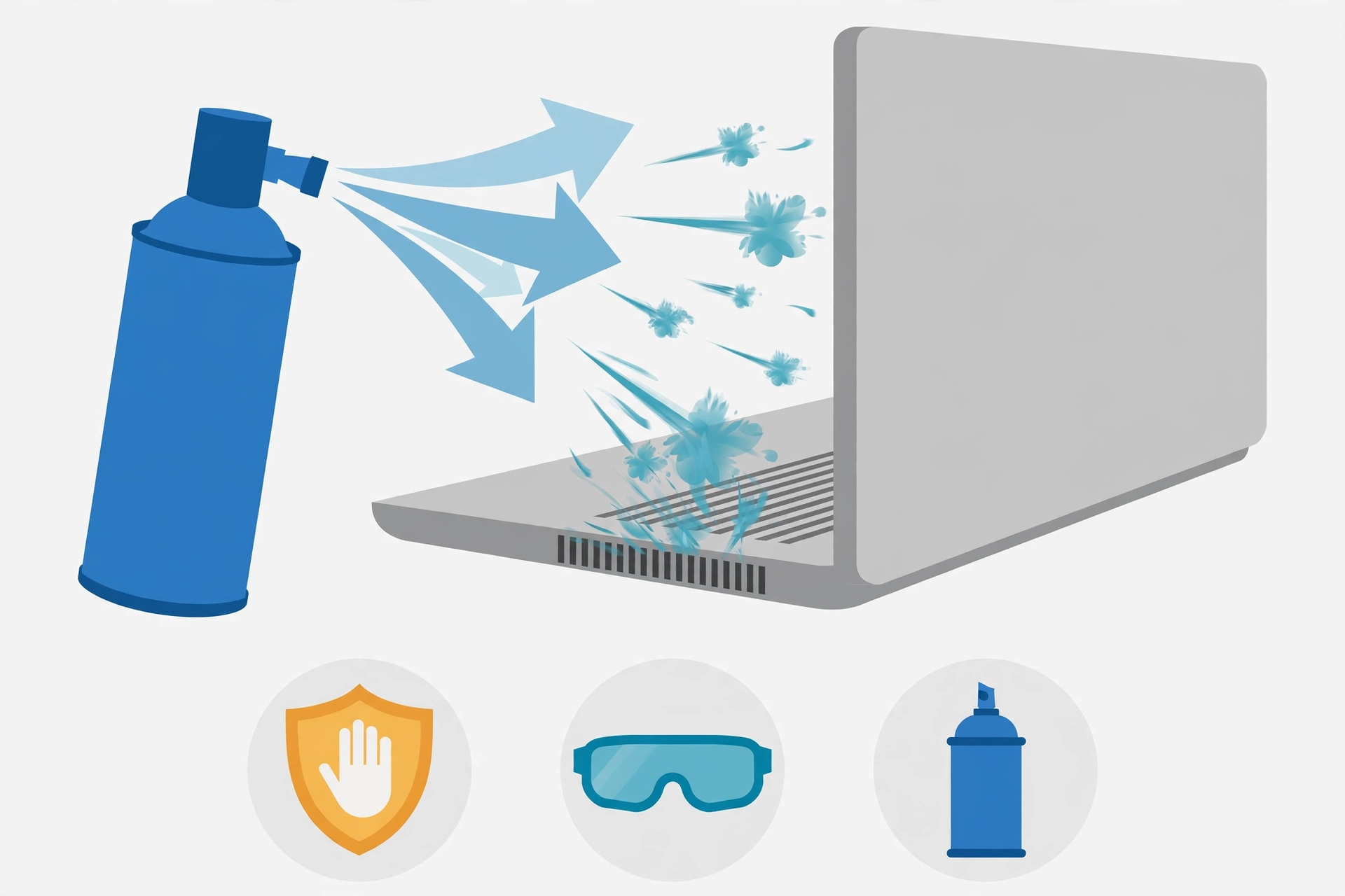 Compressed air can spraying short bursts into laptop vents for safe fan cleaning