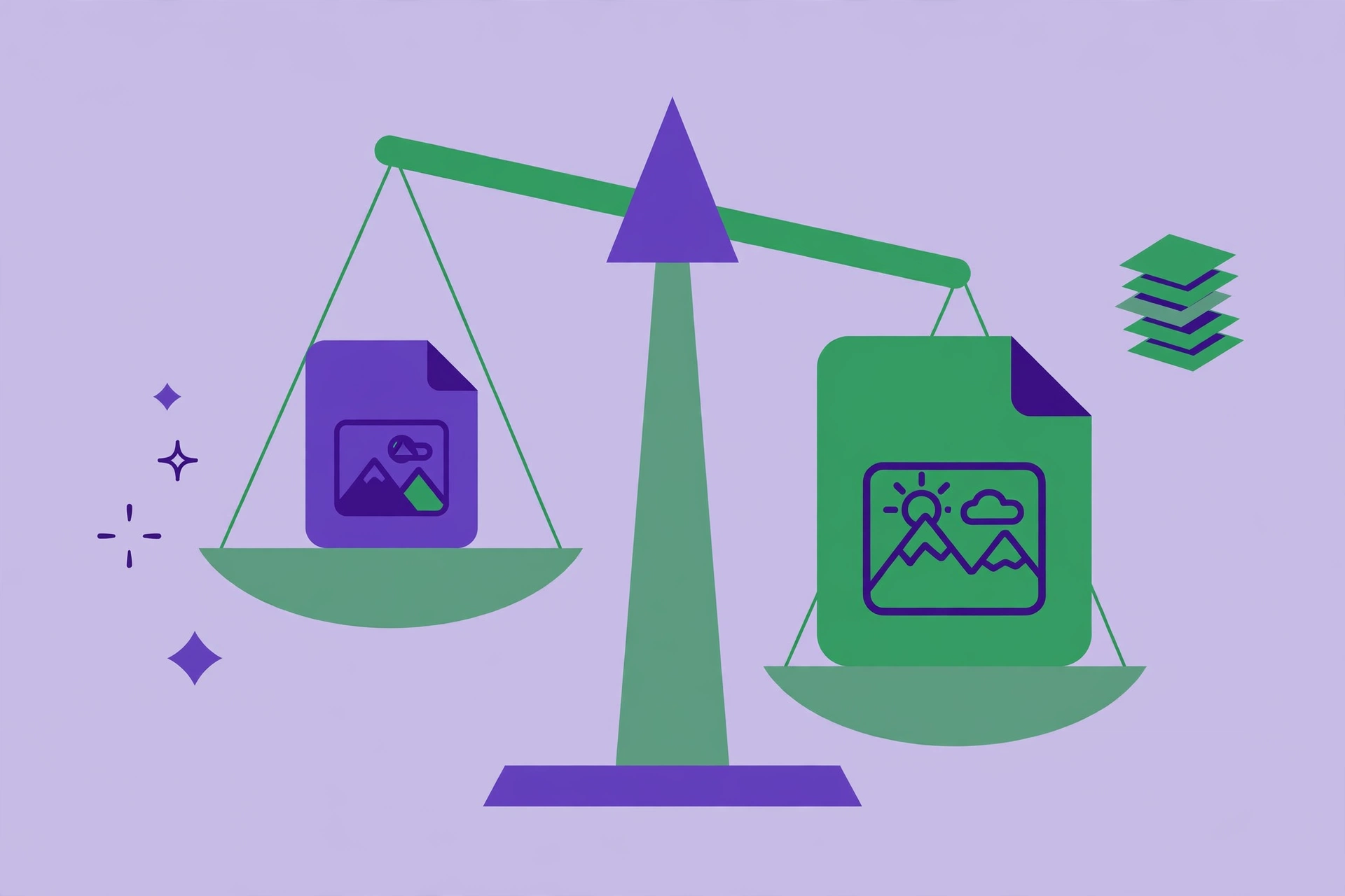 Comparison illustration of HEIC and JPG photo file formats with quality and size symbols
