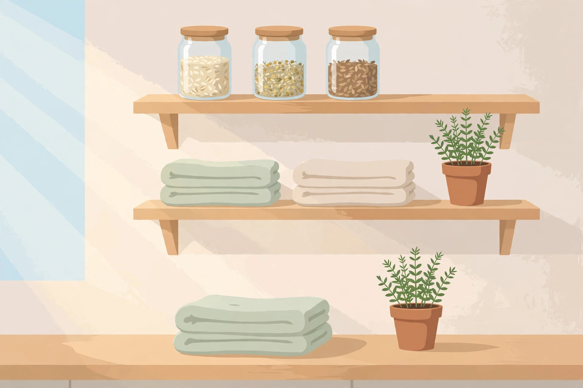 Tidy organized kitchen counter with neat shelves, jars and herb plant after decluttering your home