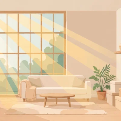 Bright tidy living room with minimal furniture, storage boxes and plant, guide on how to declutter your home
