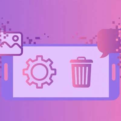 Smartphone with gear and trash bin for deleting Instagram account permanently, concept illustration