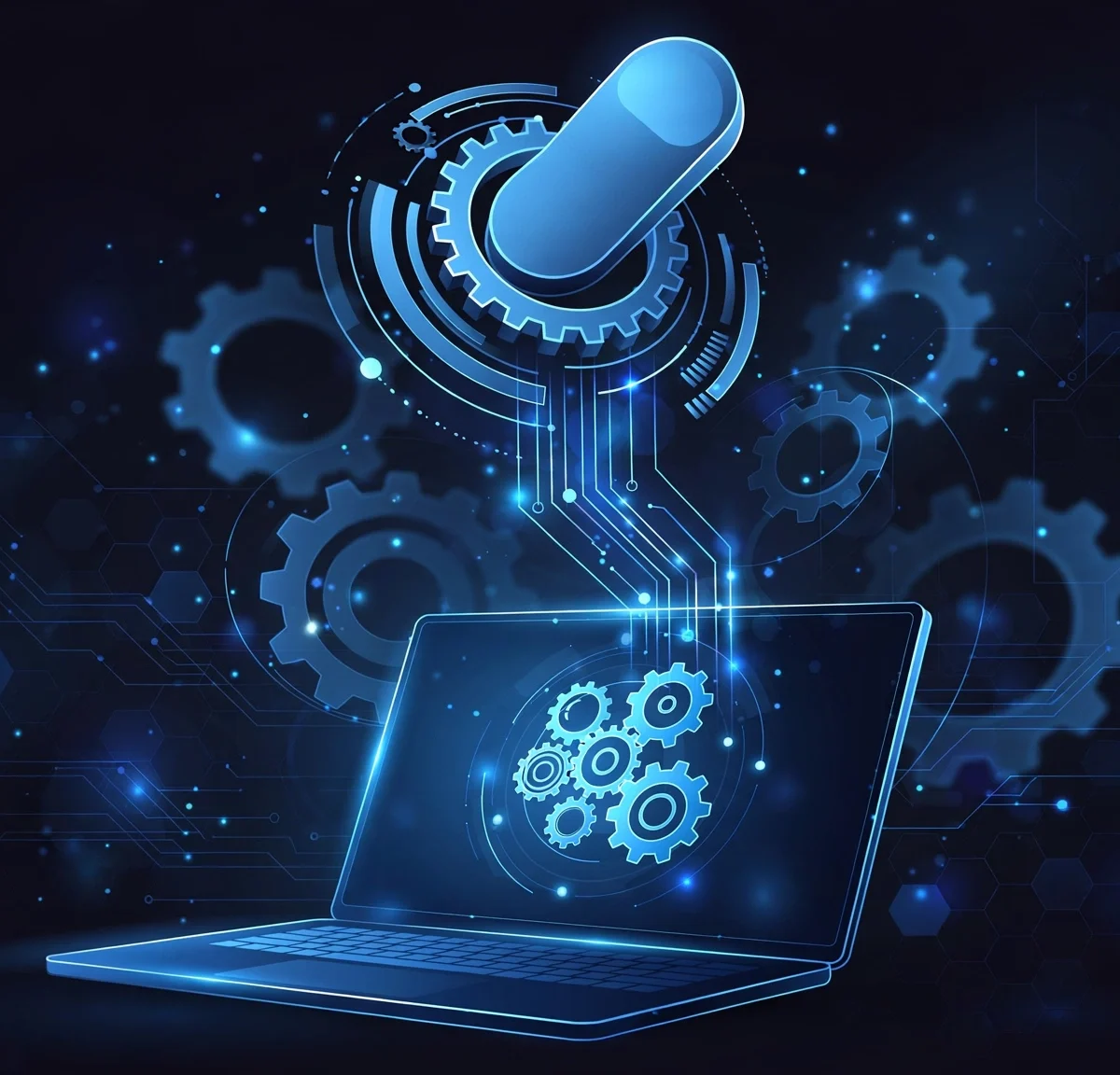 Laptop with glowing gear and toggle switch illustration showing how to disable startup programs in Windows 11