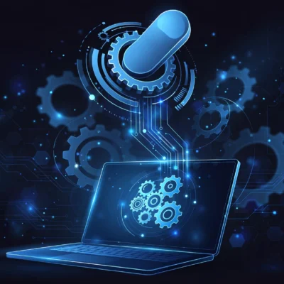Laptop with glowing gear and toggle switch illustration showing how to disable startup programs in Windows 11