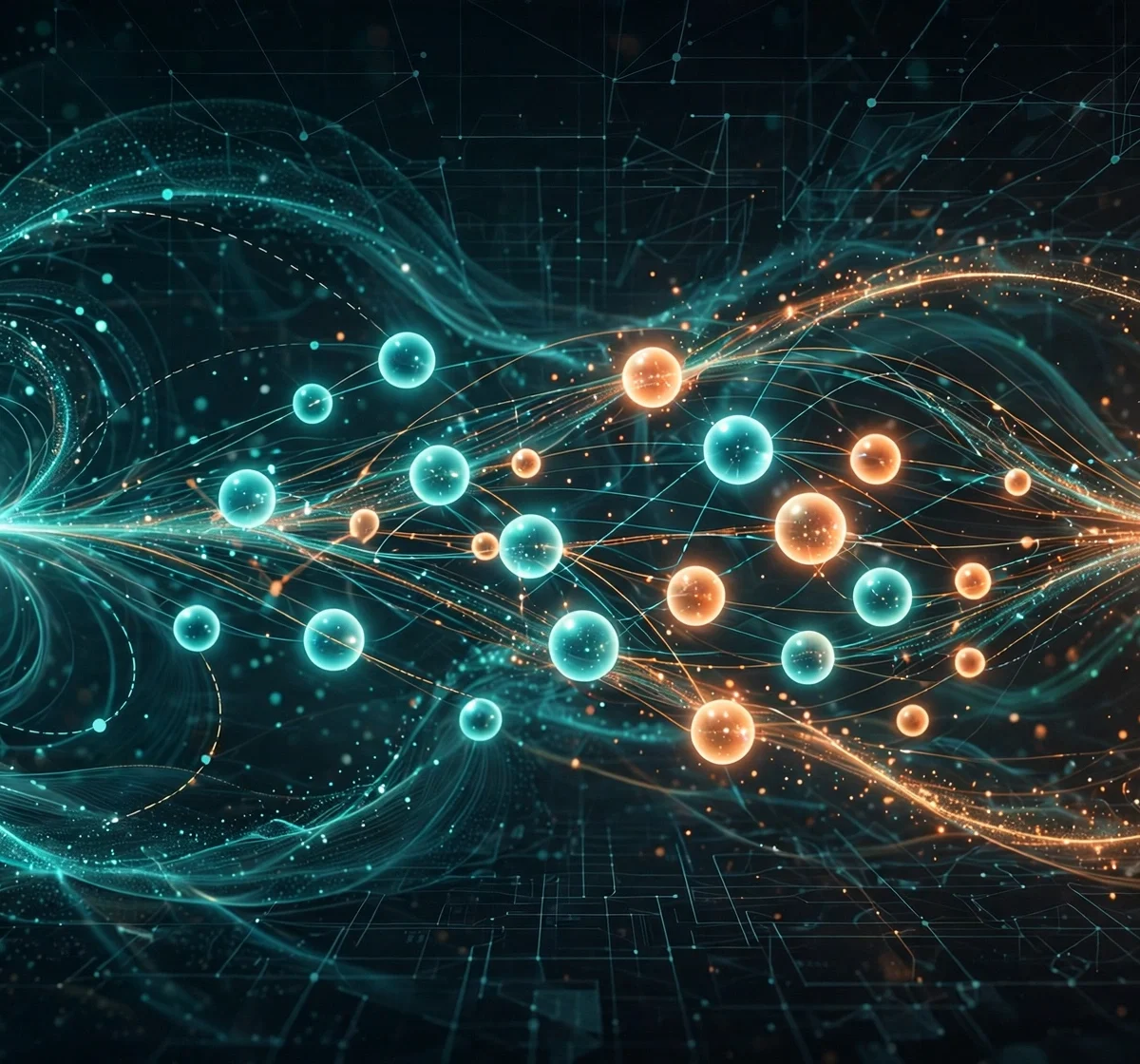 Abstract illustration of keywords as glowing orbs being sorted into organized clusters for SEO keyword clustering