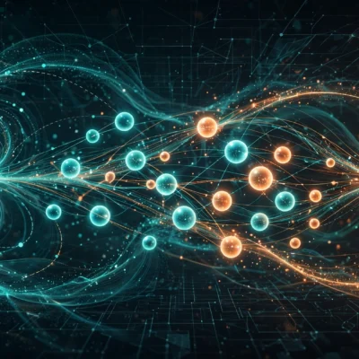 Abstract illustration of keywords as glowing orbs being sorted into organized clusters for SEO keyword clustering