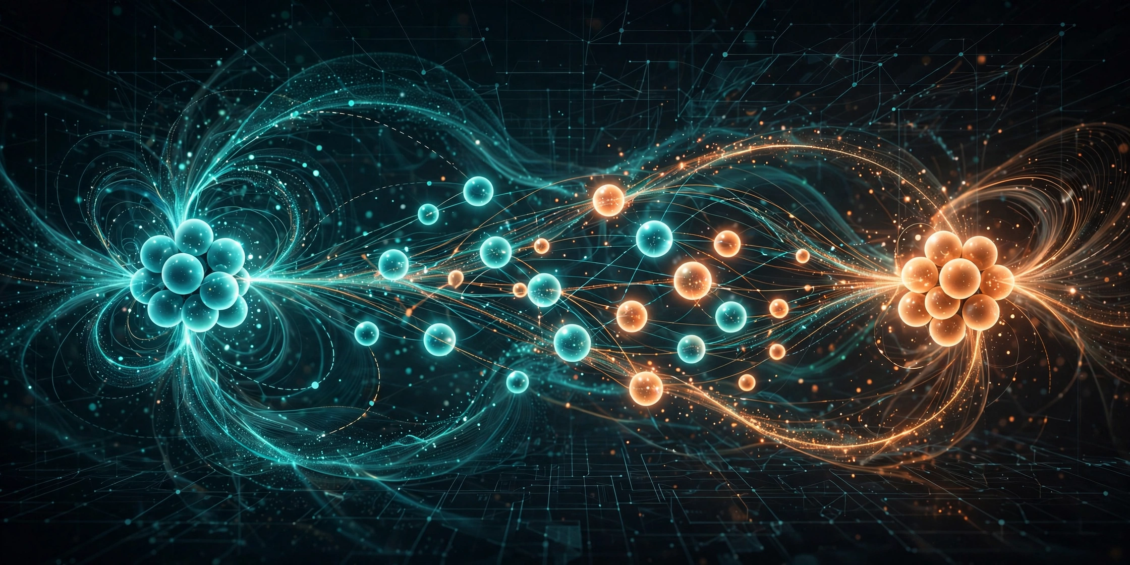 Abstract illustration of keywords as glowing orbs being sorted into organized clusters for SEO keyword clustering