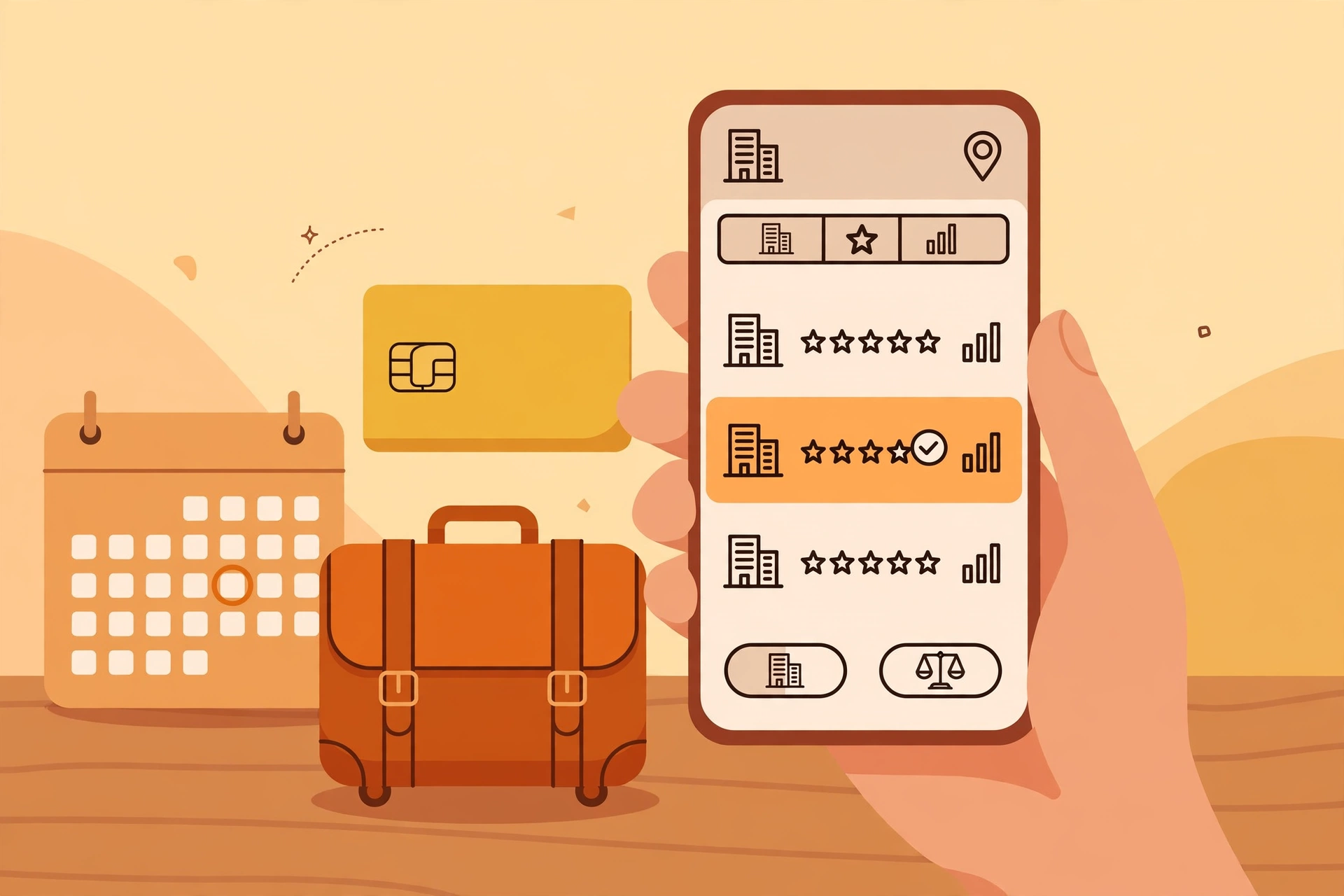 Smartphone hotel search comparison showing how to find cheap last-minute hotels with a keycard and suitcase